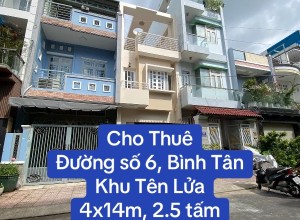 Cho thuê nhà đường số 6, Bình Tân khu Tên Lửa, 4x14m, 2.5 tấm, 12 triệu