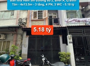 Bán nhà Hẻm 5m Đường số 2, BHH A, Q Bình Tân - 4x13.5m - 3 tầng, 4 PN, 3 WC - 5.18 tỷ